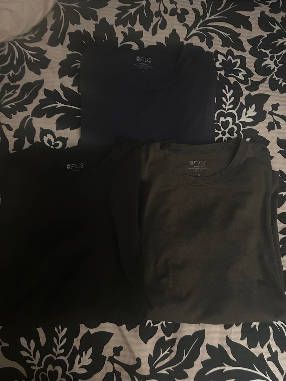 FIGS Women’s Super Soft Long Sleeve Crew Tee Trio - Black, Navy & Charcoal